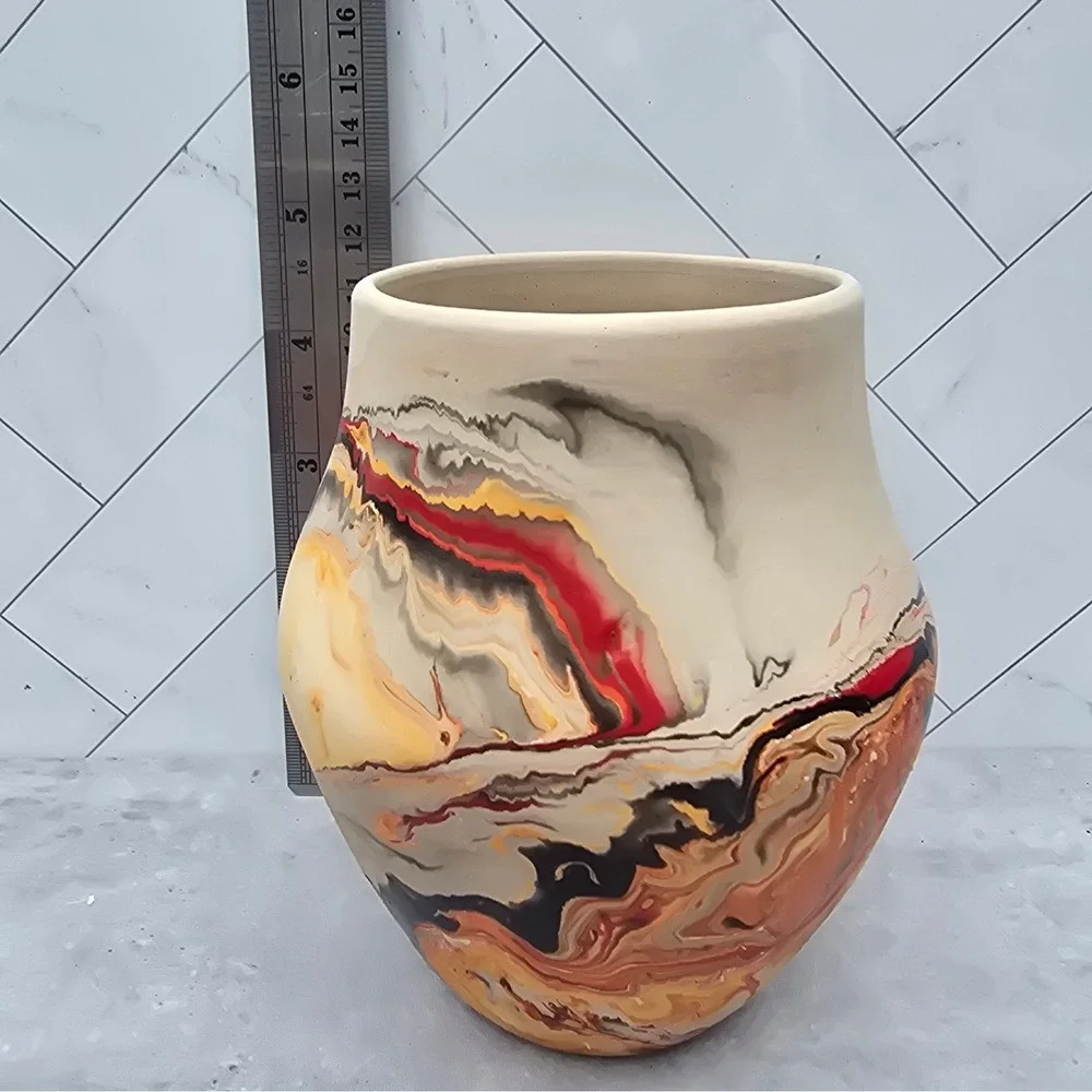 Nemadji Native American Clay Pottery Marbled Swirl Vases Set of 2 Red Orange Tan